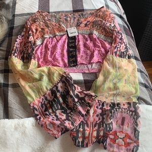 Free People multi colored flowy crop top with flared sleeves